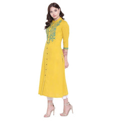 Generic Women's Khadi Embroidered Kurti (Yellow, Khadi)