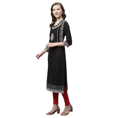 Generic Women's Rayon Printed Straight Kurti (Black, Rayon)