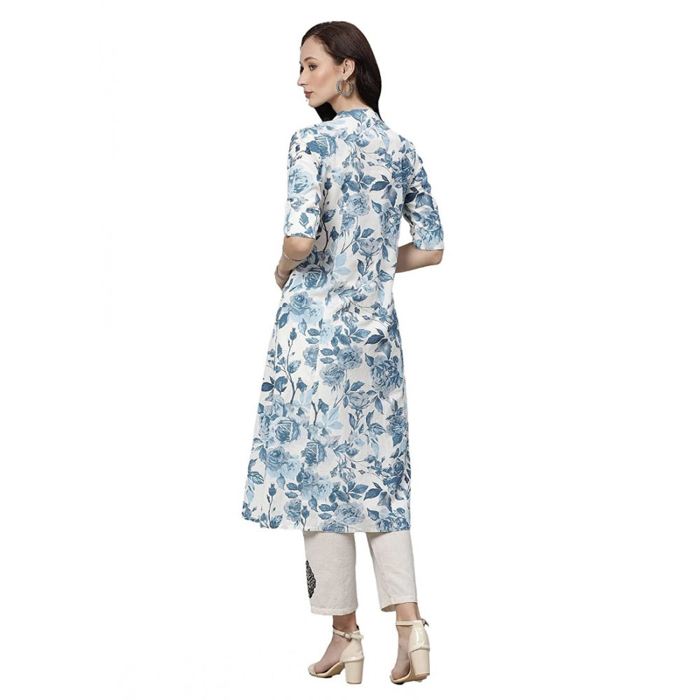 Generisches Kurti aus Baumwolle mit Blumenmuster für Damen (Weiß, Blau, Baumwolle)