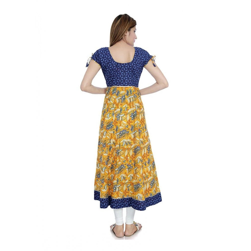 Generisches, langes Kurti aus Baumwolle mit Aufdruck für Damen (Senf, Blau, Baumwolle)