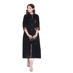 Generisches Khadi-bedrucktes A-Linien-Kurti für Damen (Schwarz, Khadi)