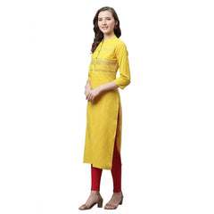 Generic Women's Pure Cotton Printed Straight Kurti (Yellow, Pure Cotton)