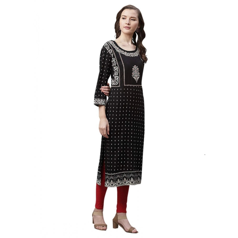 Generic Women's Rayon Printed Straight Kurti (Black, Rayon)