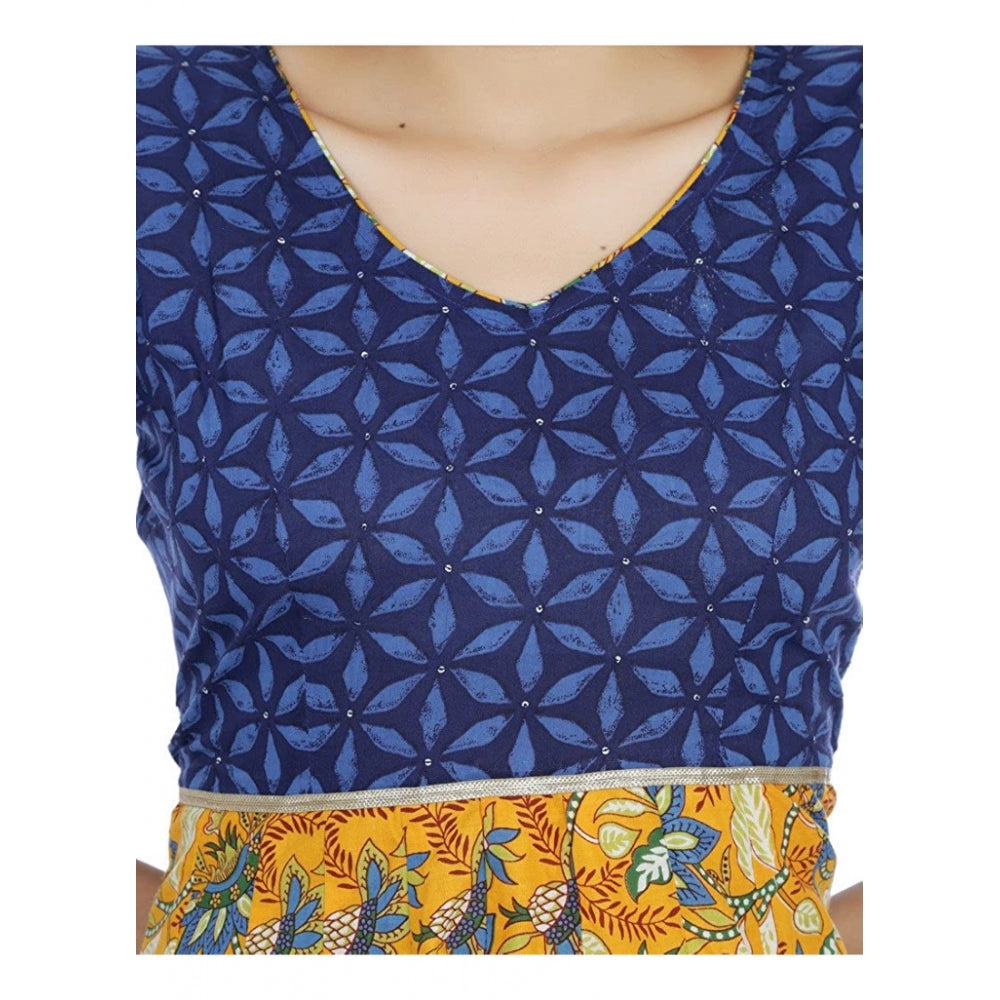 Generisches, langes Kurti aus Baumwolle mit Aufdruck für Damen (Senf, Blau, Baumwolle)