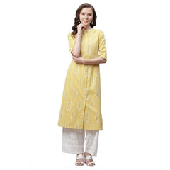 Generic Women's Pure Cotton Printed A Line Kurti (Yellow, Pure Cotton)