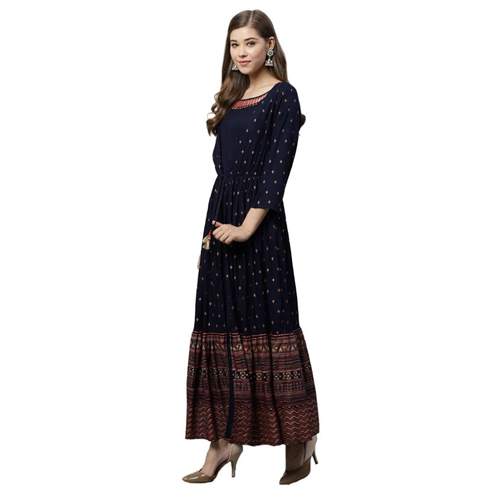 Generic Women's Rayon Printed Viscose Regular Kurti (Navy Blue, Rayon)