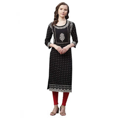 Generic Women's Rayon Printed Straight Kurti (Black, Rayon)