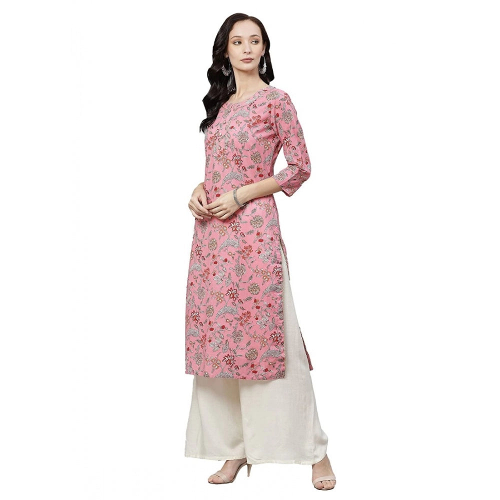 Generic Women's Cotton Printed Straight Kurti (Pink, Cotton)