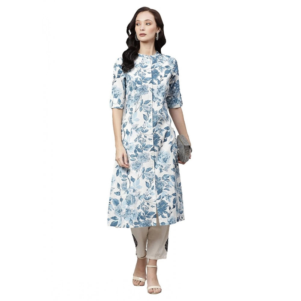 Generisches Kurti aus Baumwolle mit Blumenmuster für Damen (Weiß, Blau, Baumwolle)