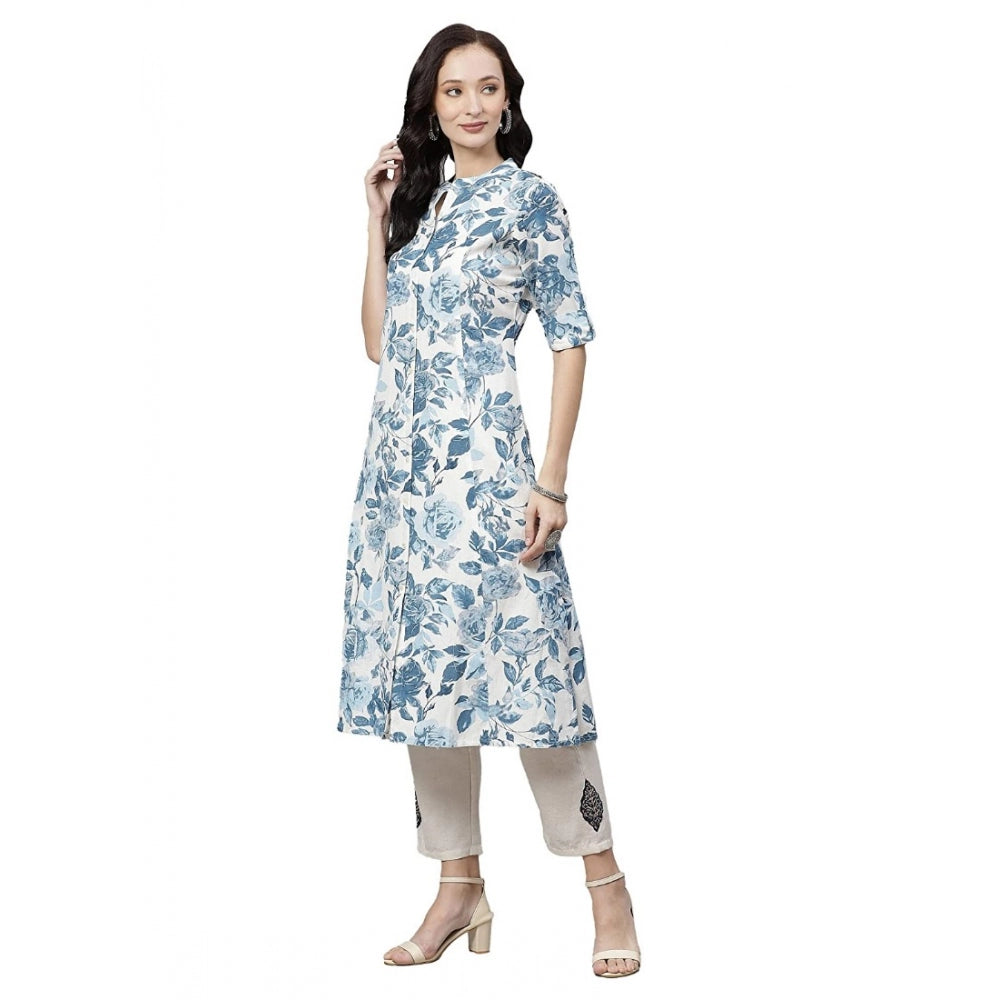 Generisches Kurti aus Baumwolle mit Blumenmuster für Damen (Weiß, Blau, Baumwolle)