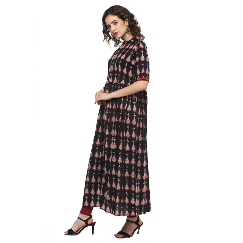 Generisches Kurti aus Baumwolle mit Aufdruck und Schlitz vorne für Damen (Schwarz, Baumwolle)