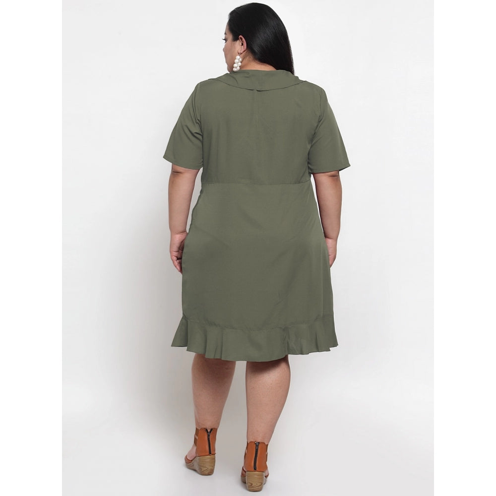 Generic Damen Crepe Solid Knielanges Fit and Flare Kleid (Olivgrün)