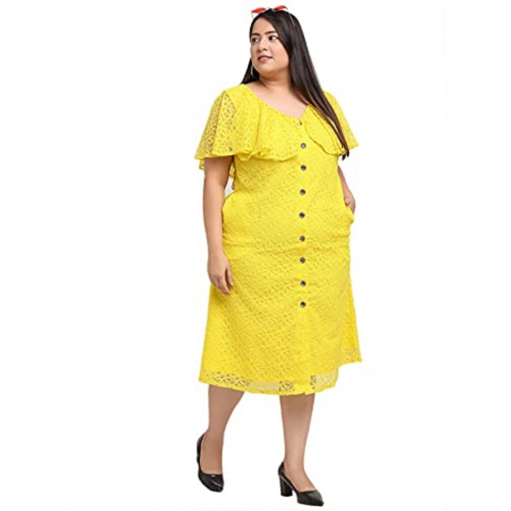 Generic Women's Net Solid Knee Length Fit and Flare Dress (Yellow)