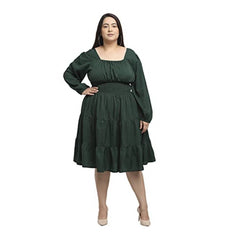 Generic Women's Crepe Solid Knee Length Fit and Flare Dress (Bottle Green)