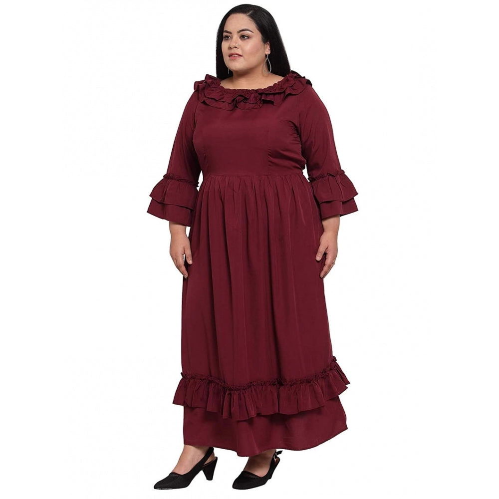 Generic Damen Crepe Solid Langes Fit and Flare-Kleid (Kastanienbraun)