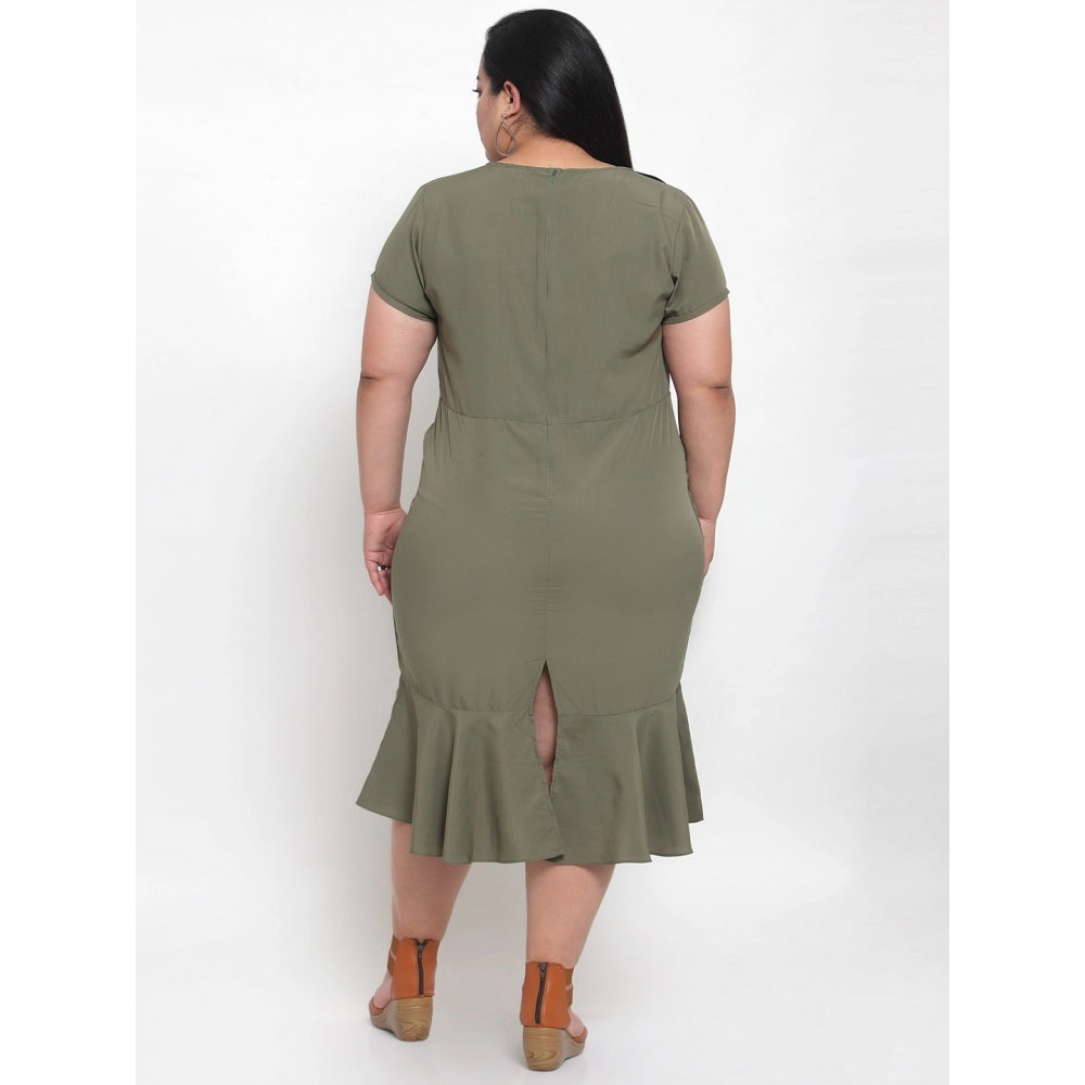 Generic Damen Crepe Solid Knielanges Fit and Flare Kleid (Olivgrün)