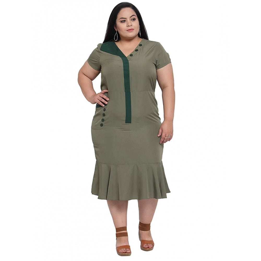 Generic Damen Crepe Solid Knielanges Fit and Flare Kleid (Olivgrün)