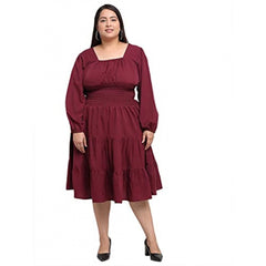 Generic Women's Crepe Solid Knee Length Fit and Flare Dress (Maroon)