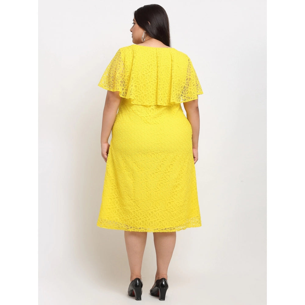 Generic Women's Net Solid Knee Length Fit and Flare Dress (Yellow)