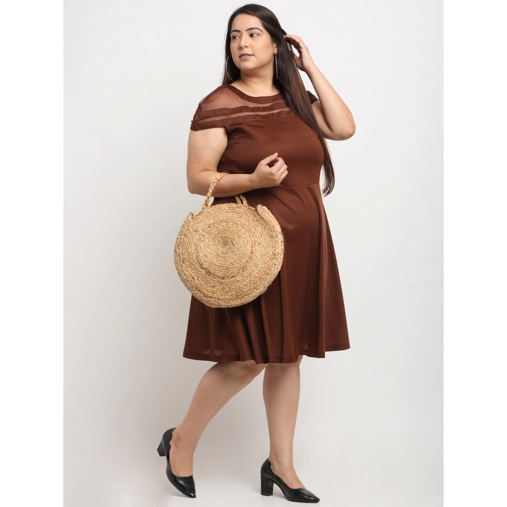 Generic Women's Hojri Solid Knee Length Fit and Flare Dress (Brown)