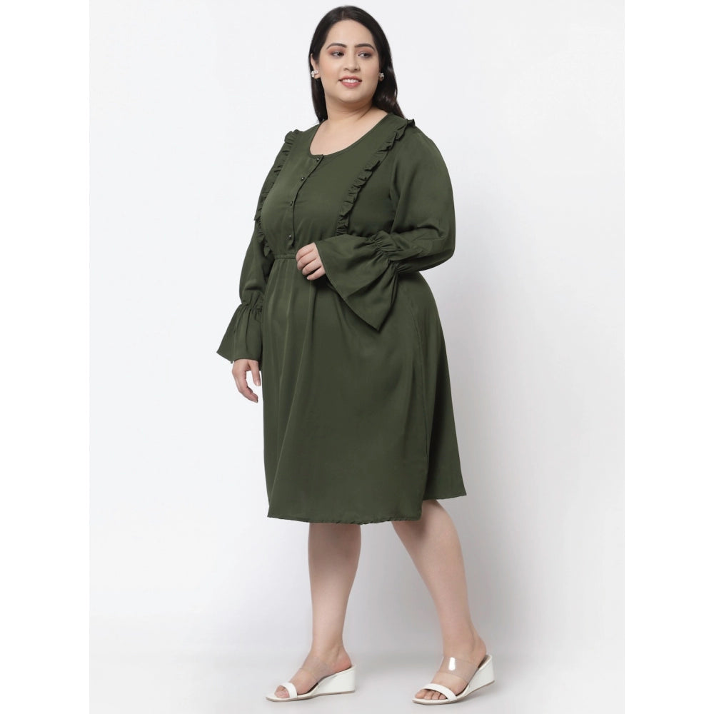 Generic Women's Crepe Solid Knee Length Fit and Flare Dress (Botal Green)