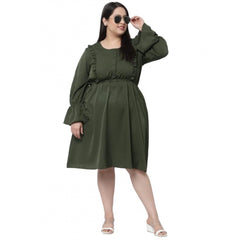 Generic Women's Crepe Solid Knee Length Fit and Flare Dress (Botal Green)