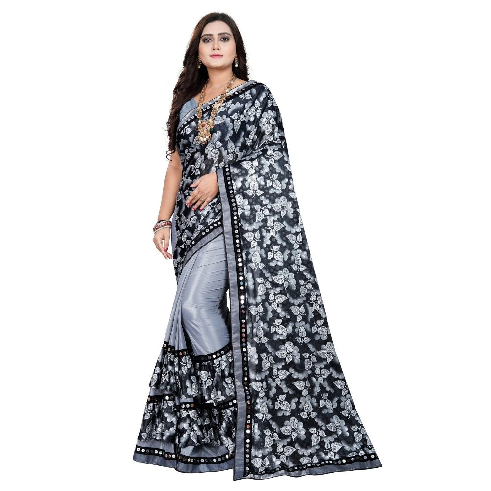 Generic Women's Lycra Blend Saree with Blouse (Grey, 5-6 Mtrs)