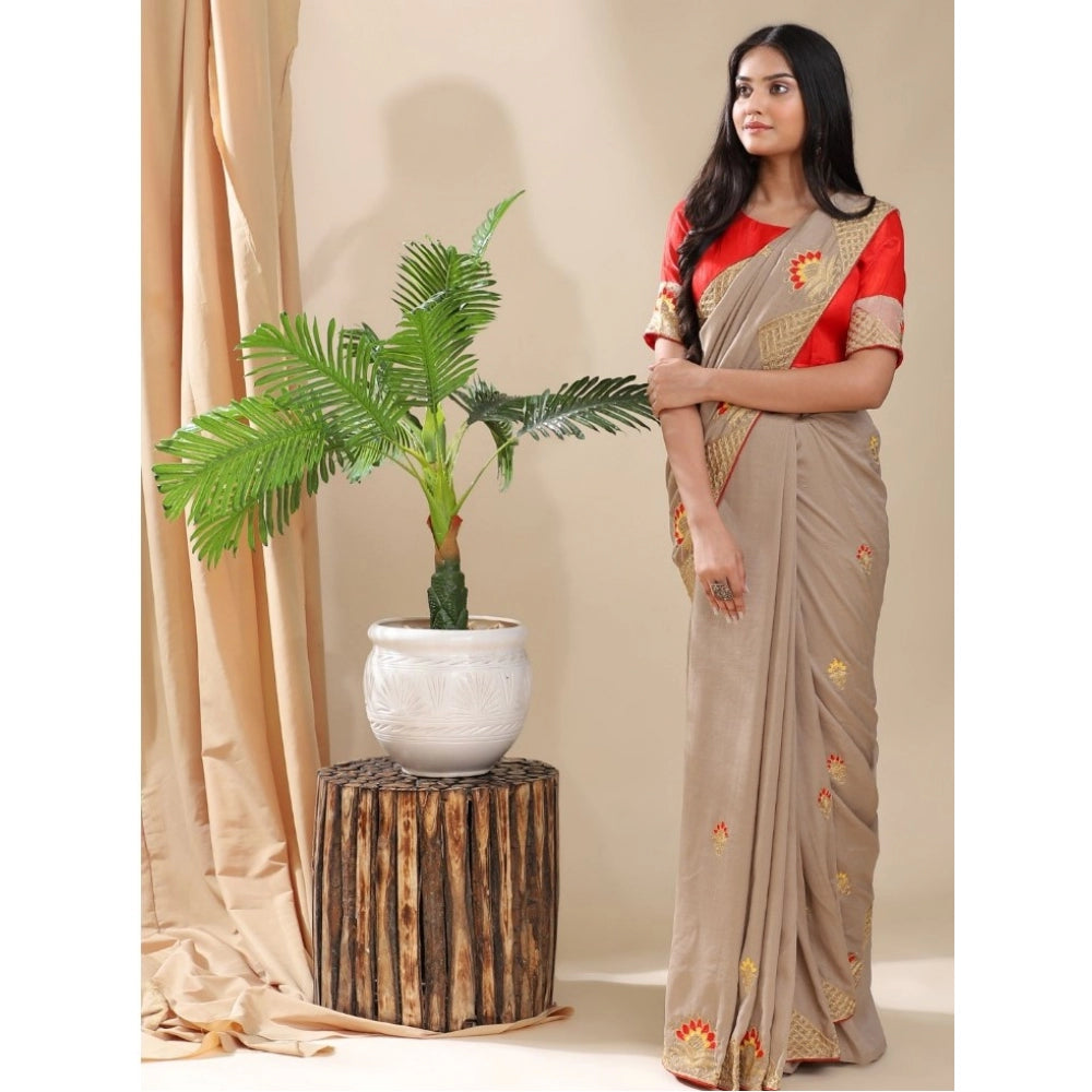 Generic Women's Vichitra Saree with Blouse (Chiku, 5-6 Mtrs)