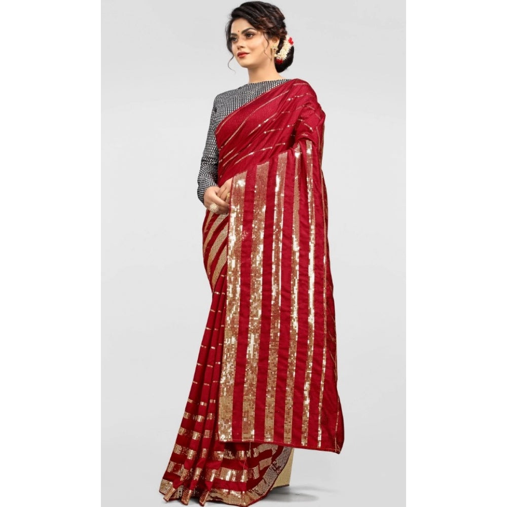 Generic Women's Vichitra Saree with Blouse (Red, 5-6 Mtrs)