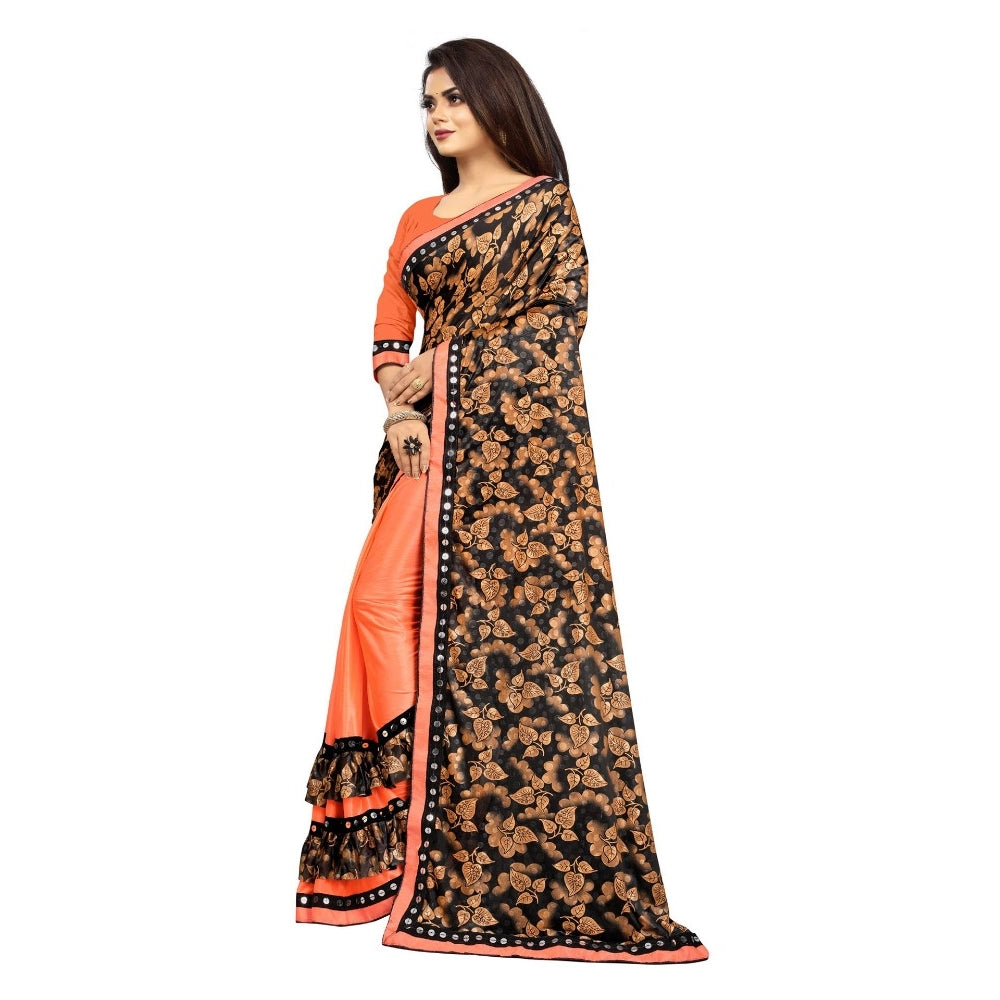 Generic Women's Lycra Blend Saree with Blouse (Orange, 5-6 Mtrs)