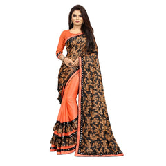 Generic Women's Lycra Blend Saree with Blouse (Orange, 5-6 Mtrs)