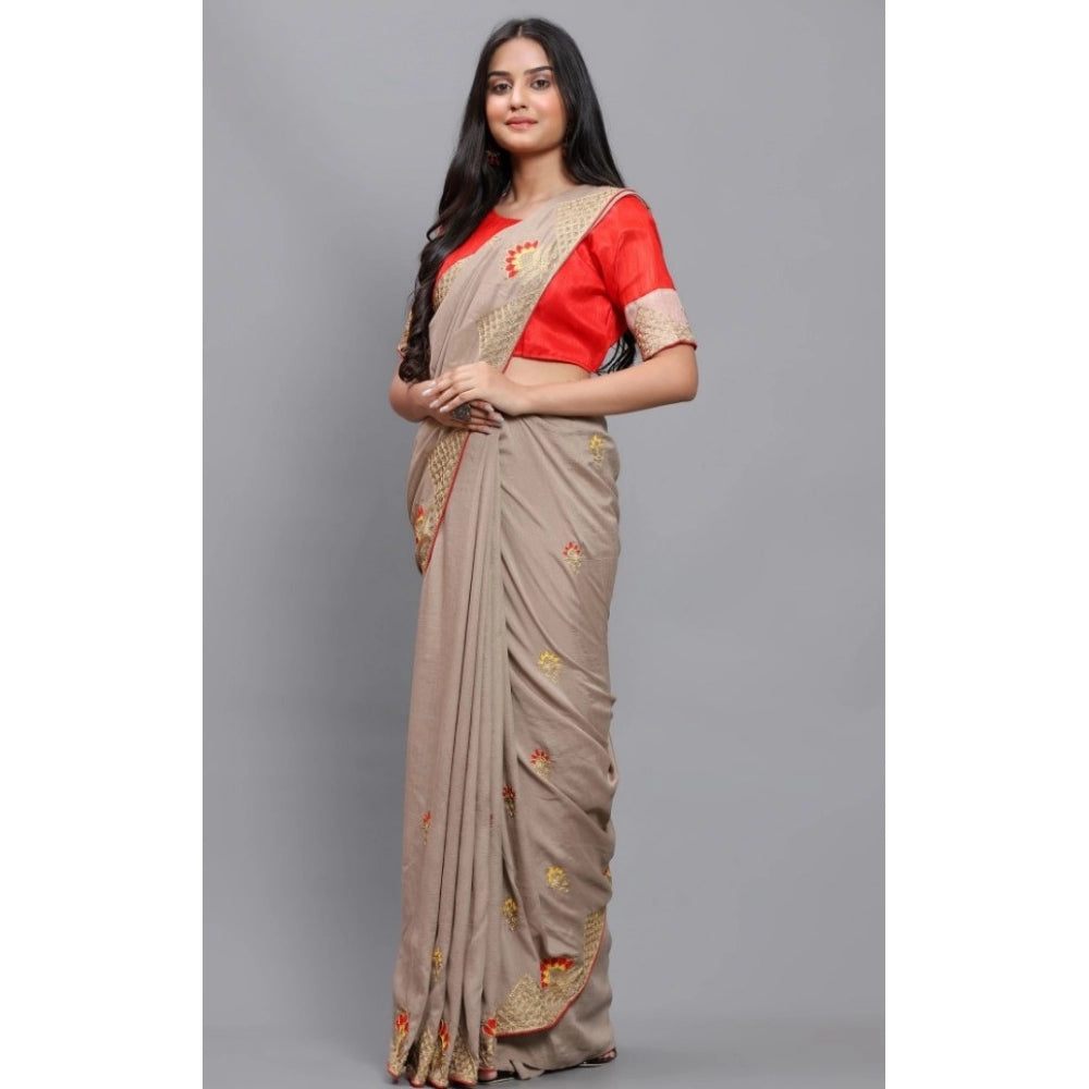 Generic Women's Vichitra Saree with Blouse (Chiku, 5-6 Mtrs)