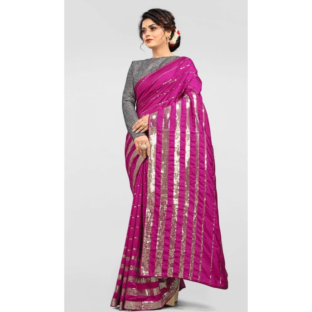 Generic Women's Vichitra Saree with Blouse (Pink, 5-6 Mtrs)