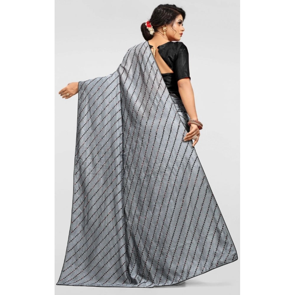 Generic Women's Vichitra Saree with Blouse (Grey, 5-6 Mtrs)