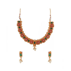 Generic Women's Elegent Brass Chain Necklace Set  (Red And Green, Free Size)