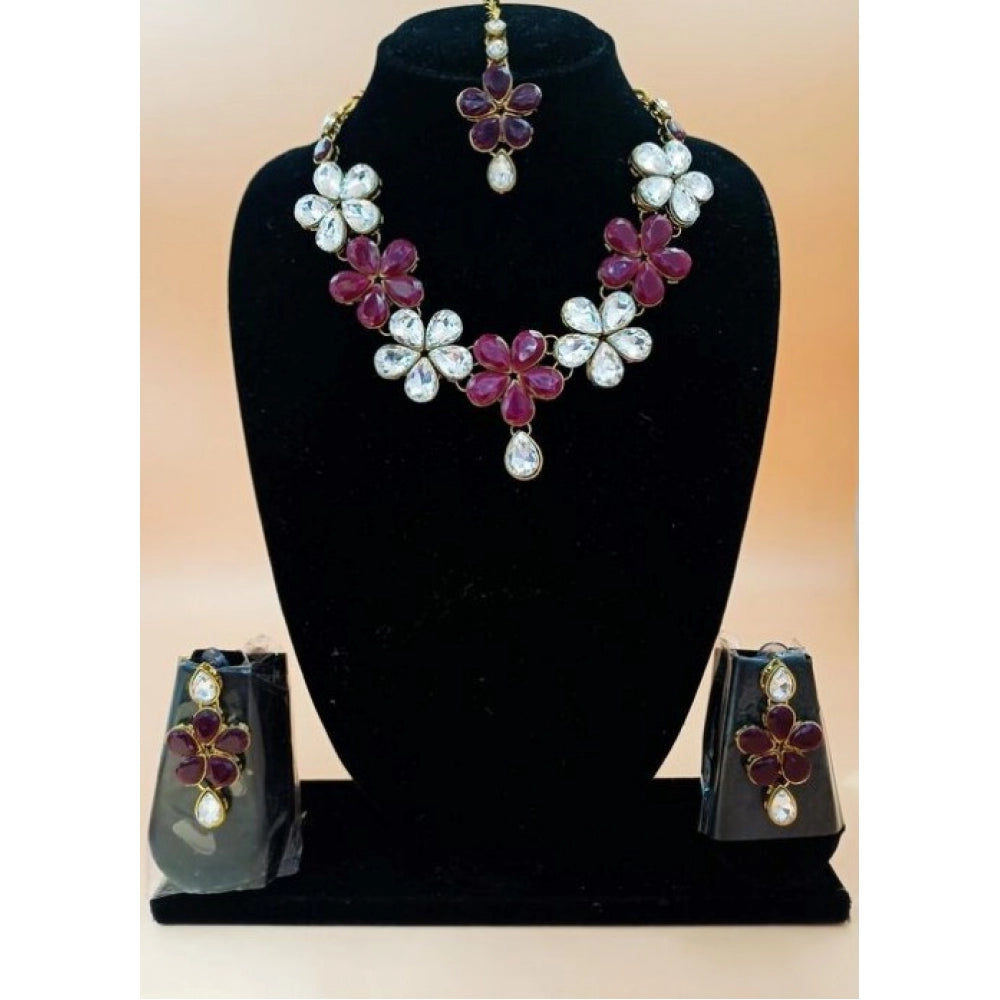 Generisches elegantes Kundan- und Steinhalskettenset für Damen (Rot, Einheitsgröße)