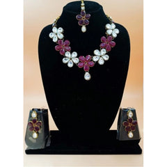 Generic Women's Elegent Kundan And  Stone Necklace Set (Red, Free Size)