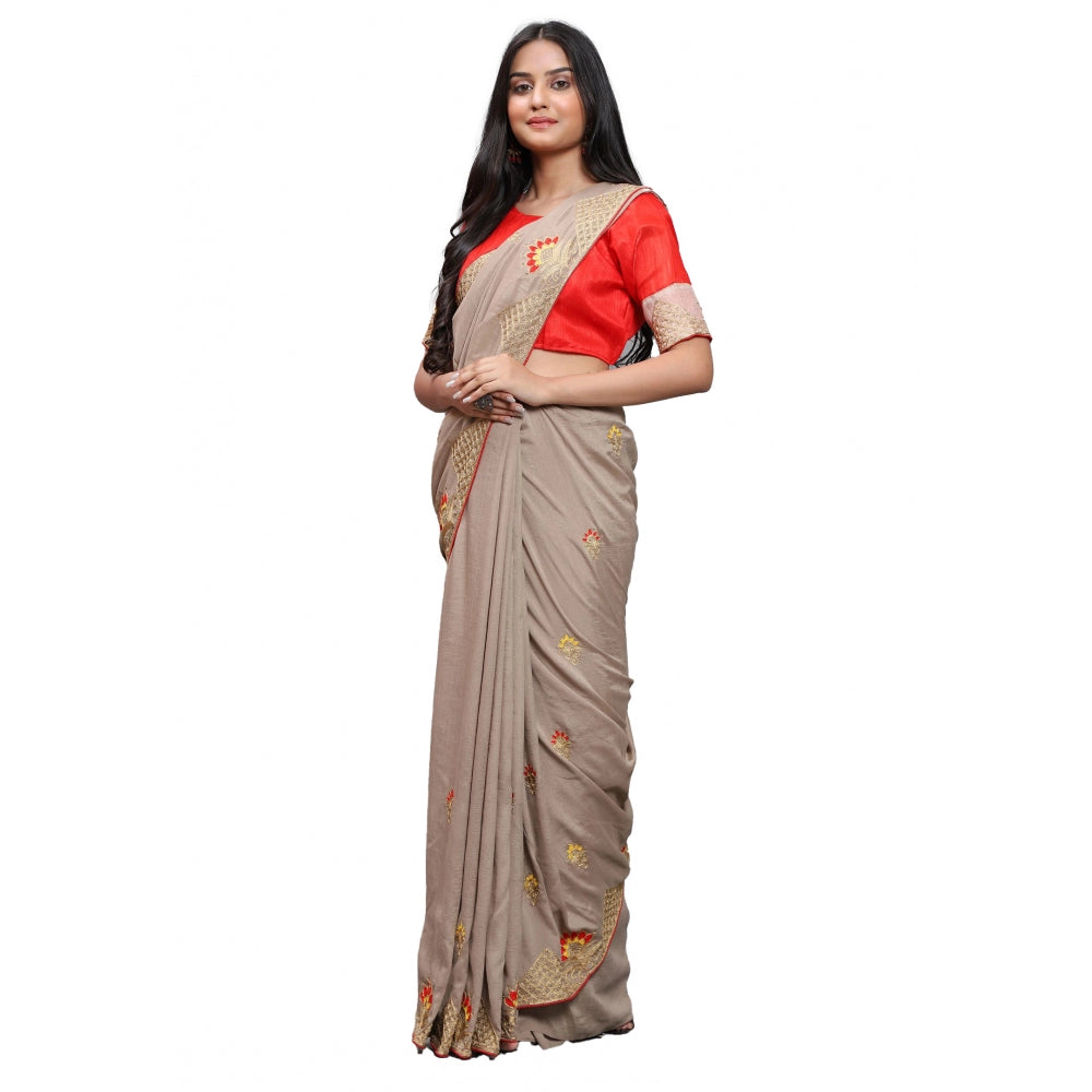 Generic Women's Vichitra Saree with Blouse (Chiku, 5-6 Mtrs)