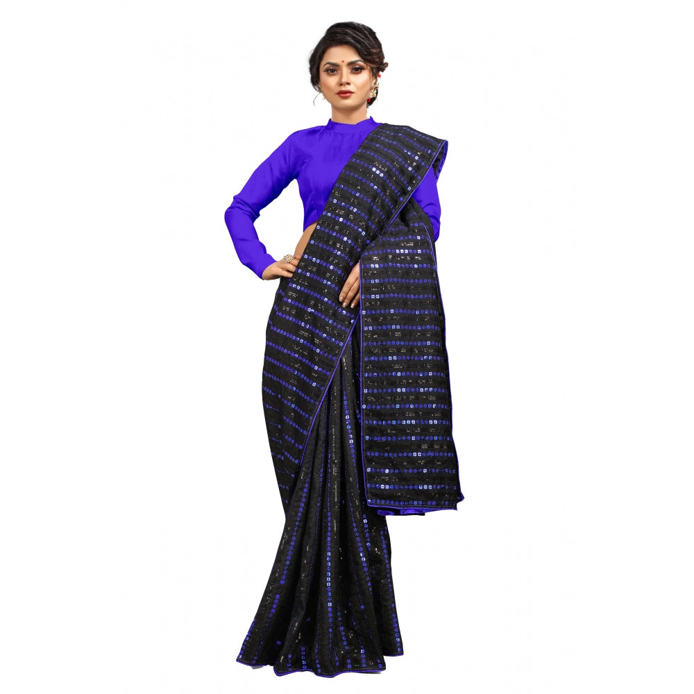 Generic Women's Vichitra Saree with Blouse (Blue, 5-6 Mtrs)