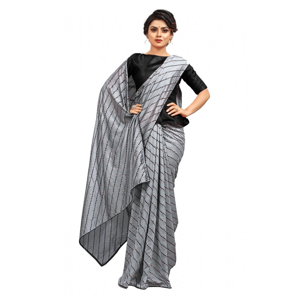 Generic Women's Vichitra Saree with Blouse (Grey, 5-6 Mtrs)