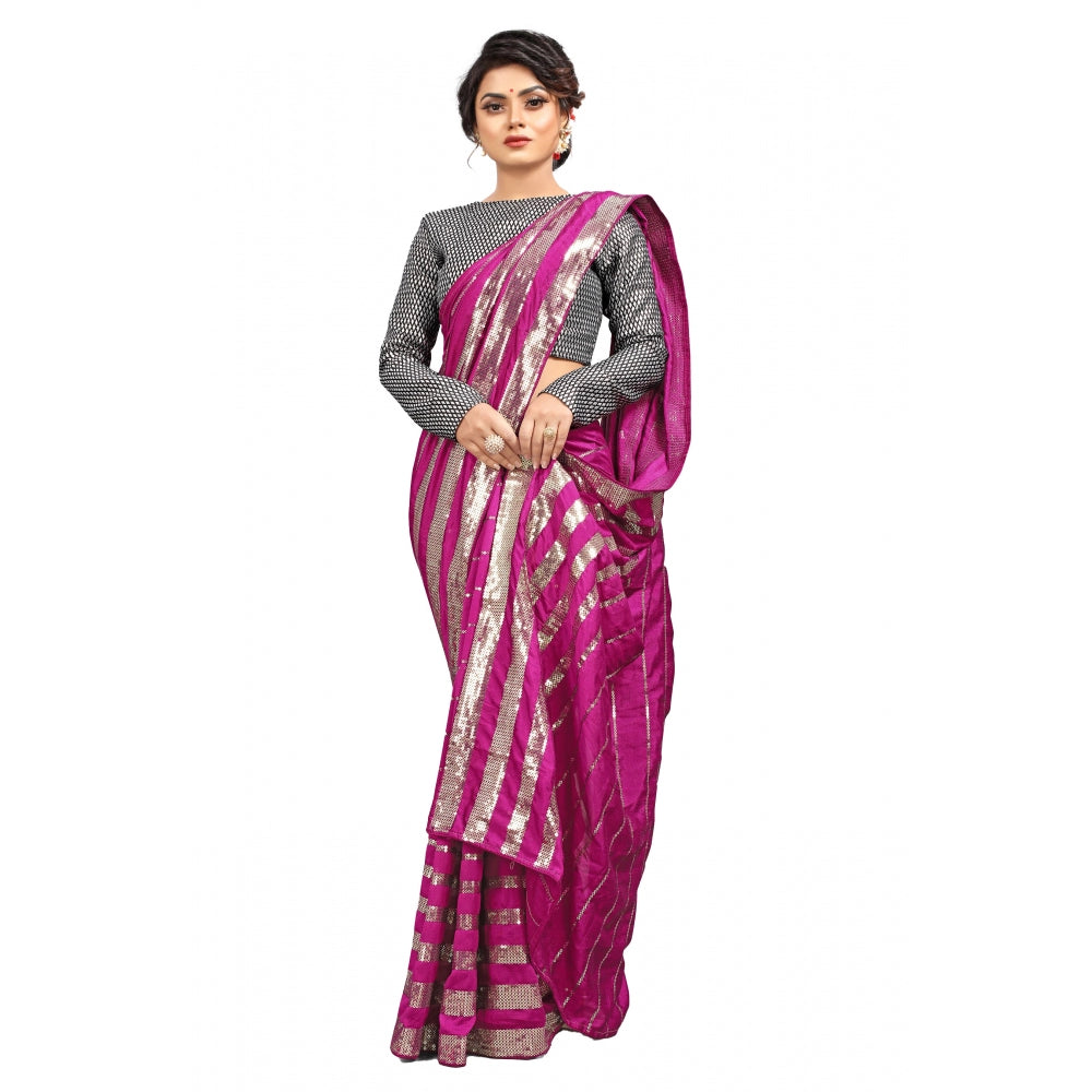 Generic Women's Vichitra Saree with Blouse (Pink, 5-6 Mtrs)