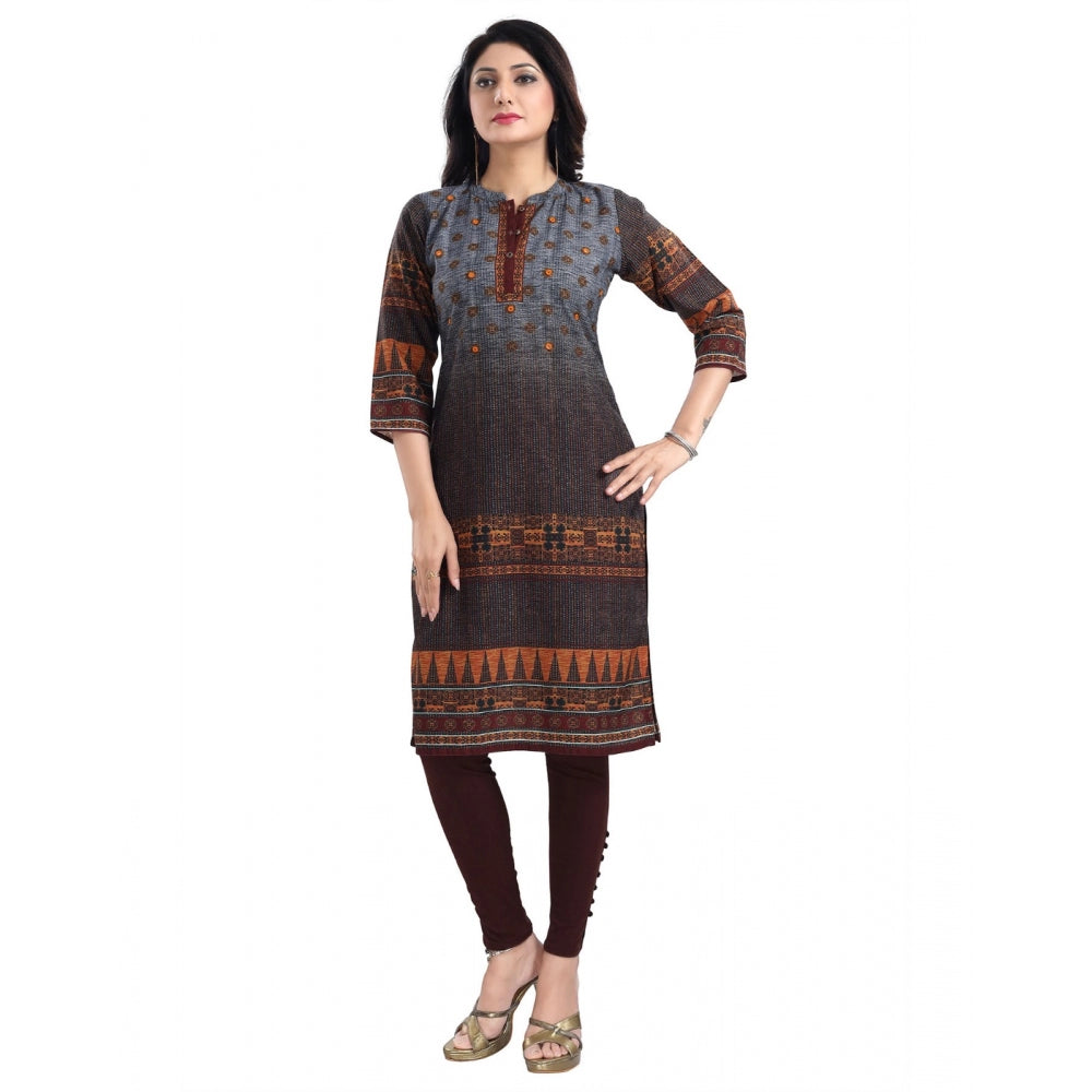 Generic Women's 3/4th Sleeve Cotton Blend Tunic Long Kurti (Brown)