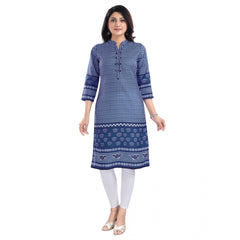 Generic Women's 3/4th Sleeve Cotton Blend Tunic Long Kurti (Blue)