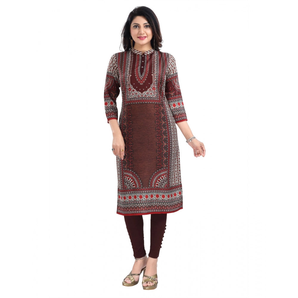 Generic Women's 3/4th Sleeve Masleen Tunic Long Kurti (Brown)