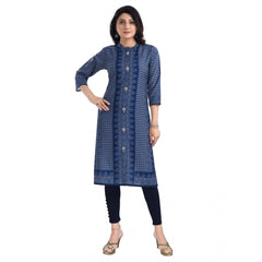 Generic Women's 3/4th Sleeve Cotton Blend Tunic Long Kurti (Blue)