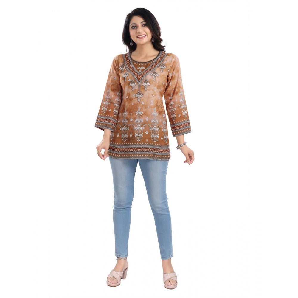 Generic Women's 3/4th Sleeve Faux Crepe Tunic Short Top (Light Brown)