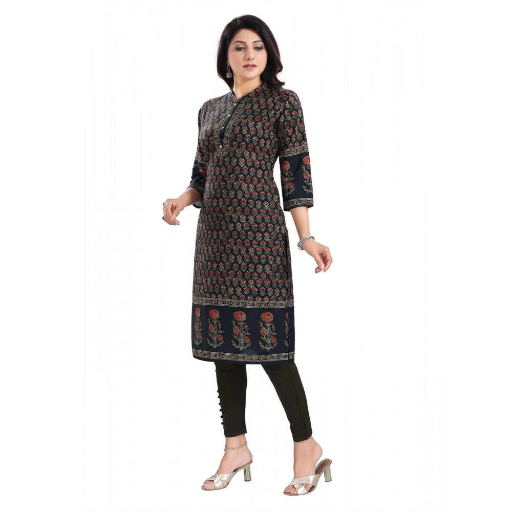 Generic Women's 3/4th Sleeve Cotton Blend Tunic Long Kurti (Black)