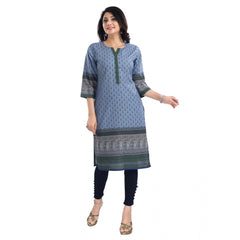 Generic Women's 3/4th Sleeve Cotton Blend Tunic Long Kurti (Blue)