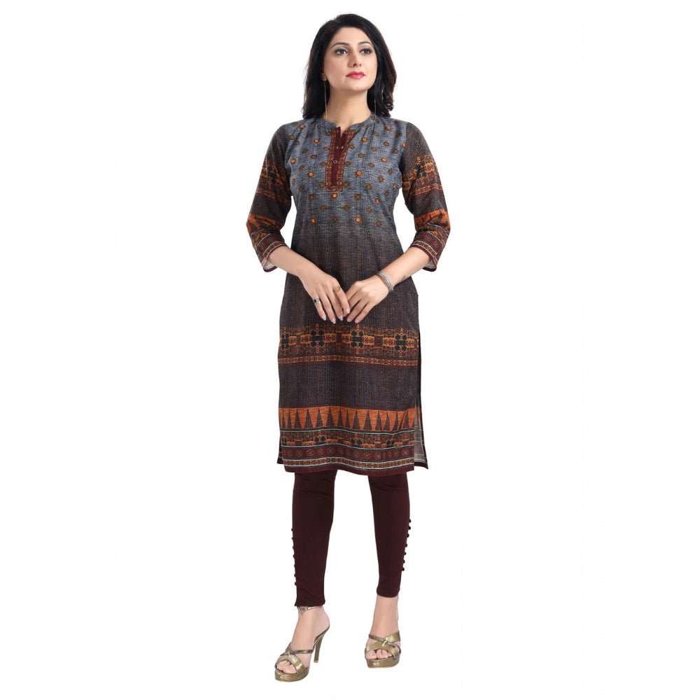 Generic Women's 3/4th Sleeve Cotton Blend Tunic Long Kurti (Brown)