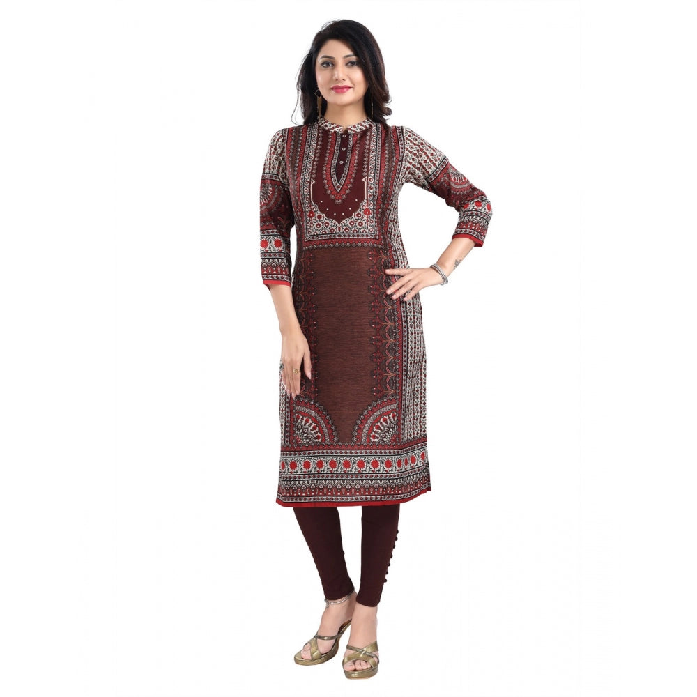 Generic Women's 3/4th Sleeve Masleen Tunic Long Kurti (Brown)